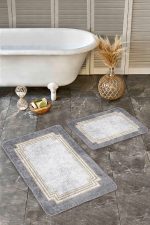 - Realhomes - Realhomes  2'li Set Gri Zeminde Çerçeveli Motifli Antik Desenli Geometrik Klasik  2'li Banyo & Mutfak Paspas Takımı Realhomes