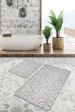 - PaspasTakimi-2li-Set860-Gorsel-2 - Realhomes 2'li Set Gri Zeminde Geometrik Motifli Klasik Desenli Geometrik Klasik 2'li Banyo & Mutfak Paspas Takımı Realhomes