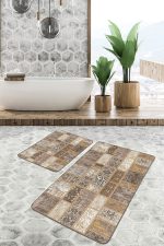 - PaspasTakimi-2li-Set863-Gorsel-1 - Realhomes  2'li Set Kahverengi Zeminde Patchwork Motifli Yöresel Desenli Etnik Motifler Klasik  2'li Banyo & Mutfak Paspas Takımı Realhomes