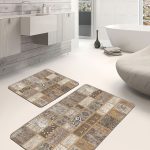 2'li Set Beyaz Zeminde Çerçeve Motifli Geometrik Desenli Vintage Klasik  2'li Banyo & Mutfak Paspas Takımı Realhomes