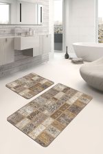 - PaspasTakimi-2li-Set863-Gorsel - Realhomes  2'li Set Kahverengi Zeminde Patchwork Motifli Yöresel Desenli Etnik Motifler Klasik  2'li Banyo & Mutfak Paspas Takımı Realhomes