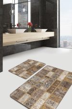 - PaspasTakimi-2li-Set863-Gorsel-4 - Realhomes  2'li Set Kahverengi Zeminde Patchwork Motifli Yöresel Desenli Etnik Motifler Klasik  2'li Banyo & Mutfak Paspas Takımı Realhomes