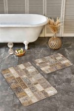 - Realhomes - Realhomes  2'li Set Kahverengi Zeminde Patchwork Motifli Yöresel Desenli Etnik Motifler Klasik  2'li Banyo & Mutfak Paspas Takımı Realhomes