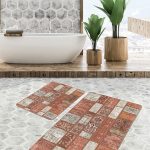 2'li Set Kırmızı - Kahverengi Zeminde Patchwork Motifli Otantik Desenli Etnik Motifler Eskitme Motifli  2'li Banyo & Mutfak Paspas Takımı Realhomes