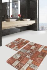 - PaspasTakimi-2li-Set864-Gorsel-2 - Realhomes 2'li Set Kahverengi Zeminde Patchwork Motifli Geleneksel Desenli Vintage Vintage 2'li Banyo & Mutfak Paspas Takımı Realhomes