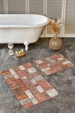 - Realhomes - Realhomes 2'li Set Kahverengi Zeminde Patchwork Motifli Geleneksel Desenli Vintage Vintage 2'li Banyo & Mutfak Paspas Takımı Realhomes