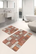 - PaspasTakimi-2li-Set864-Gorsel-5 - Realhomes 2'li Set Kahverengi Zeminde Patchwork Motifli Geleneksel Desenli Vintage Vintage 2'li Banyo & Mutfak Paspas Takımı Realhomes