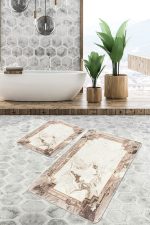 - PaspasTakimi-2li-Set865-Gorsel - Realhomes  2'li Set Bej Zeminde Çerçeveli Motifli Mermer Desenli Geometrik Vintage  2'li Banyo & Mutfak Paspas Takımı Realhomes