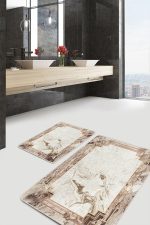 - PaspasTakimi-2li-Set865-Gorsel-2 - Realhomes  2'li Set Bej Zeminde Çerçeveli Motifli Mermer Desenli Geometrik Vintage  2'li Banyo & Mutfak Paspas Takımı Realhomes