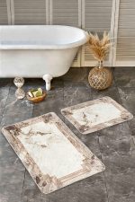 - Realhomes - Realhomes  2'li Set Bej Zeminde Çerçeveli Motifli Mermer Desenli Geometrik Vintage  2'li Banyo & Mutfak Paspas Takımı Realhomes
