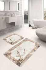 - PaspasTakimi-2li-Set865-Gorsel-5 - Realhomes  2'li Set Bej Zeminde Çerçeveli Motifli Mermer Desenli Geometrik Vintage  2'li Banyo & Mutfak Paspas Takımı Realhomes