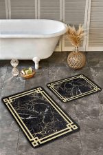 - Realhomes - Realhomes  2'li Set Siyah Zeminde Çerçeveli Motifli Mermer Desenli Sade & Şık Geometrik  2'li Banyo & Mutfak Paspas Takımı Realhomes