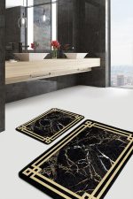 - PaspasTakimi-2li-Set866-Gorsel-5 - Realhomes  2'li Set Siyah Zeminde Çerçeveli Motifli Mermer Desenli Sade & Şık Geometrik  2'li Banyo & Mutfak Paspas Takımı Realhomes
