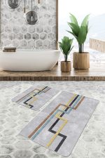 - PaspasTakimi-2li-Set867-Gorsel-1 - Realhomes  2'li Set Gri Zeminde Geometrik Motifli Klasik Desenli Geometrik Sade & Şık  2'li Banyo & Mutfak Paspas Takımı Realhomes