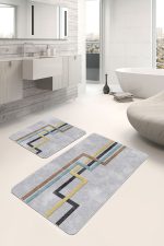 - PaspasTakimi-2li-Set867-Gorsel - Realhomes  2'li Set Gri Zeminde Geometrik Motifli Klasik Desenli Geometrik Sade & Şık  2'li Banyo & Mutfak Paspas Takımı Realhomes