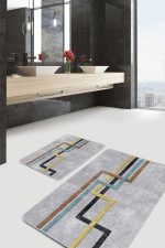 - PaspasTakimi-2li-Set867-Gorsel-4 - Realhomes  2'li Set Gri Zeminde Geometrik Motifli Klasik Desenli Geometrik Sade & Şık  2'li Banyo & Mutfak Paspas Takımı Realhomes
