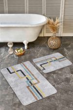 - Realhomes - Realhomes  2'li Set Gri Zeminde Geometrik Motifli Klasik Desenli Geometrik Sade & Şık  2'li Banyo & Mutfak Paspas Takımı Realhomes