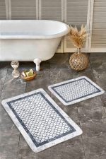 - Realhomes - Realhomes  2'li Set Gri Zeminde Çerçeveli Motifli Geometrik Desenli Geometrik Sade & Şık  2'li Banyo & Mutfak Paspas Takımı Realhomes