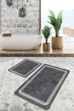 - PaspasTakimi-2li-Set869-Gorsel - Realhomes  2'li Set Füme Zeminde Çerçeveli Motifli Mermer Desenli Geometrik Klasik  2'li Banyo & Mutfak Paspas Takımı Realhomes