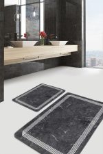 - PaspasTakimi-2li-Set869-Gorsel-2 - Realhomes  2'li Set Füme Zeminde Çerçeveli Motifli Mermer Desenli Geometrik Klasik  2'li Banyo & Mutfak Paspas Takımı Realhomes