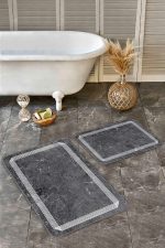 - Realhomes - Realhomes  2'li Set Füme Zeminde Çerçeveli Motifli Mermer Desenli Geometrik Klasik  2'li Banyo & Mutfak Paspas Takımı Realhomes