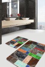 - PaspasTakimi-2li-Set870-Gorsel-1 - Realhomes 2'li Set Kahverengi Zeminde Patchwork Motifli Etnik Desenli Vintage Eskitme Motifli 2'li Banyo & Mutfak Paspas Takımı Realhomes