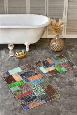 - Realhomes - Realhomes 2'li Set Kahverengi Zeminde Patchwork Motifli Etnik Desenli Vintage Eskitme Motifli 2'li Banyo & Mutfak Paspas Takımı Realhomes