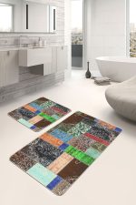 - PaspasTakimi-2li-Set870-Gorsel-4 - Realhomes 2'li Set Kahverengi Zeminde Patchwork Motifli Etnik Desenli Vintage Eskitme Motifli 2'li Banyo & Mutfak Paspas Takımı Realhomes