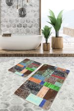 - PaspasTakimi-2li-Set870-Gorsel-5 - Realhomes 2'li Set Kahverengi Zeminde Patchwork Motifli Etnik Desenli Vintage Eskitme Motifli 2'li Banyo & Mutfak Paspas Takımı Realhomes