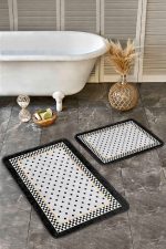 - Realhomes - Realhomes  2'li Set Gri Zeminde Puanlı Motifli Çerçeveli Desenli Geometrik Vintage  2'li Banyo & Mutfak Paspas Takımı Realhomes