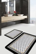 - PaspasTakimi-2li-Set872-Gorsel - Realhomes  2'li Set Gri Zeminde Puanlı Motifli Çerçeveli Desenli Geometrik Vintage  2'li Banyo & Mutfak Paspas Takımı Realhomes