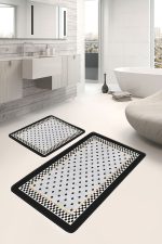 - PaspasTakimi-2li-Set872-Gorsel-2 - Realhomes  2'li Set Gri Zeminde Puanlı Motifli Çerçeveli Desenli Geometrik Vintage  2'li Banyo & Mutfak Paspas Takımı Realhomes