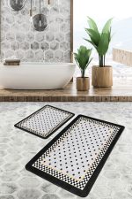 - PaspasTakimi-2li-Set872-Gorsel-4 - Realhomes  2'li Set Gri Zeminde Puanlı Motifli Çerçeveli Desenli Geometrik Vintage  2'li Banyo & Mutfak Paspas Takımı Realhomes