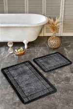 - Realhomes - Realhomes  2'li Set Siyah Zeminde Çerçeveli Motifli Klasik Desenli Geometrik Klasik  2'li Banyo & Mutfak Paspas Takımı Realhomes