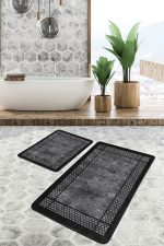 - PaspasTakimi-2li-Set873-Gorsel-2 - Realhomes  2'li Set Siyah Zeminde Çerçeveli Motifli Klasik Desenli Geometrik Klasik  2'li Banyo & Mutfak Paspas Takımı Realhomes