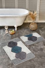 - Realhomes - Realhomes  2'li Set Gri Zeminde Geometrik Motifli Kazayağı Desenli Geometrik Klasik  2'li Banyo & Mutfak Paspas Takımı Realhomes