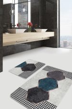 - PaspasTakimi-2li-Set874-Gorsel - Realhomes  2'li Set Gri Zeminde Geometrik Motifli Kazayağı Desenli Geometrik Klasik  2'li Banyo & Mutfak Paspas Takımı Realhomes