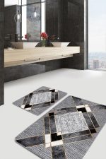 - PaspasTakimi-2li-Set875-Gorsel-1 - Realhomes  2'li Set Gri Zeminde Geometrik Motifli Klasik Desenli Geometrik Klasik  2'li Banyo & Mutfak Paspas Takımı Realhomes