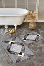 - Realhomes - Realhomes  2'li Set Gri Zeminde Geometrik Motifli Klasik Desenli Geometrik Klasik  2'li Banyo & Mutfak Paspas Takımı Realhomes