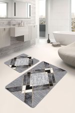 - PaspasTakimi-2li-Set875-Gorsel-4 - Realhomes  2'li Set Gri Zeminde Geometrik Motifli Klasik Desenli Geometrik Klasik  2'li Banyo & Mutfak Paspas Takımı Realhomes