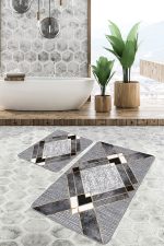 - PaspasTakimi-2li-Set875-Gorsel-5 - Realhomes  2'li Set Gri Zeminde Geometrik Motifli Klasik Desenli Geometrik Klasik  2'li Banyo & Mutfak Paspas Takımı Realhomes