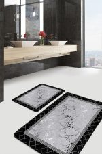 - PaspasTakimi-2li-Set876-Gorsel-1 - Realhomes 2'li Set Siyah - Gri Zeminde Çerçeveli Motifli Mermer Desenli Geometrik Sade & Şık 2'li Banyo & Mutfak Paspas Takımı Realhomes