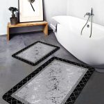 2'li Set Siyah - Beyaz Zeminde Çerçeveli Motifli Kabak Desenli Klasik Vintage  2'li Banyo & Mutfak Paspas Takımı Realhomes
