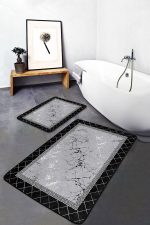 - PaspasTakimi-2li-Set876-Gorsel - Realhomes 2'li Set Siyah - Gri Zeminde Çerçeveli Motifli Mermer Desenli Geometrik Sade & Şık 2'li Banyo & Mutfak Paspas Takımı Realhomes