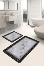 - PaspasTakimi-2li-Set876-Gorsel-4 - Realhomes 2'li Set Siyah - Gri Zeminde Çerçeveli Motifli Mermer Desenli Geometrik Sade & Şık 2'li Banyo & Mutfak Paspas Takımı Realhomes