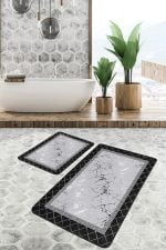 - PaspasTakimi-2li-Set876-Gorsel-5 - Realhomes 2'li Set Siyah - Gri Zeminde Çerçeveli Motifli Mermer Desenli Geometrik Sade & Şık 2'li Banyo & Mutfak Paspas Takımı Realhomes