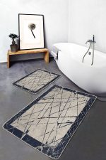 - PaspasTakimi-2li-Set877-Gorsel-1 - Realhomes  2'li Set Krem - Mavi Zeminde Çerçeveli Motifli Çizgi Desenli Vintage Eskitme Motifli  2'li Banyo & Mutfak Paspas Takımı Realhomes