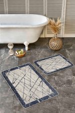 - Realhomes - Realhomes  2'li Set Krem - Mavi Zeminde Çerçeveli Motifli Çizgi Desenli Vintage Eskitme Motifli  2'li Banyo & Mutfak Paspas Takımı Realhomes