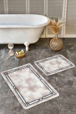 - Realhomes - Realhomes  2'li Set Kahverengi Zeminde Çerçeveli Motifli Eskitme Desenli Geometrik Sade & Şık  2'li Banyo & Mutfak Paspas Takımı Realhomes