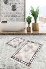 - PaspasTakimi-2li-Set878-Gorsel-4 - Realhomes  2'li Set Kahverengi Zeminde Çerçeveli Motifli Eskitme Desenli Geometrik Sade & Şık  2'li Banyo & Mutfak Paspas Takımı Realhomes